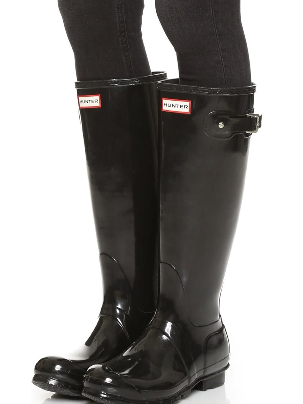 Hunter Gloss Black Tall Rain Boots with Side Buckle